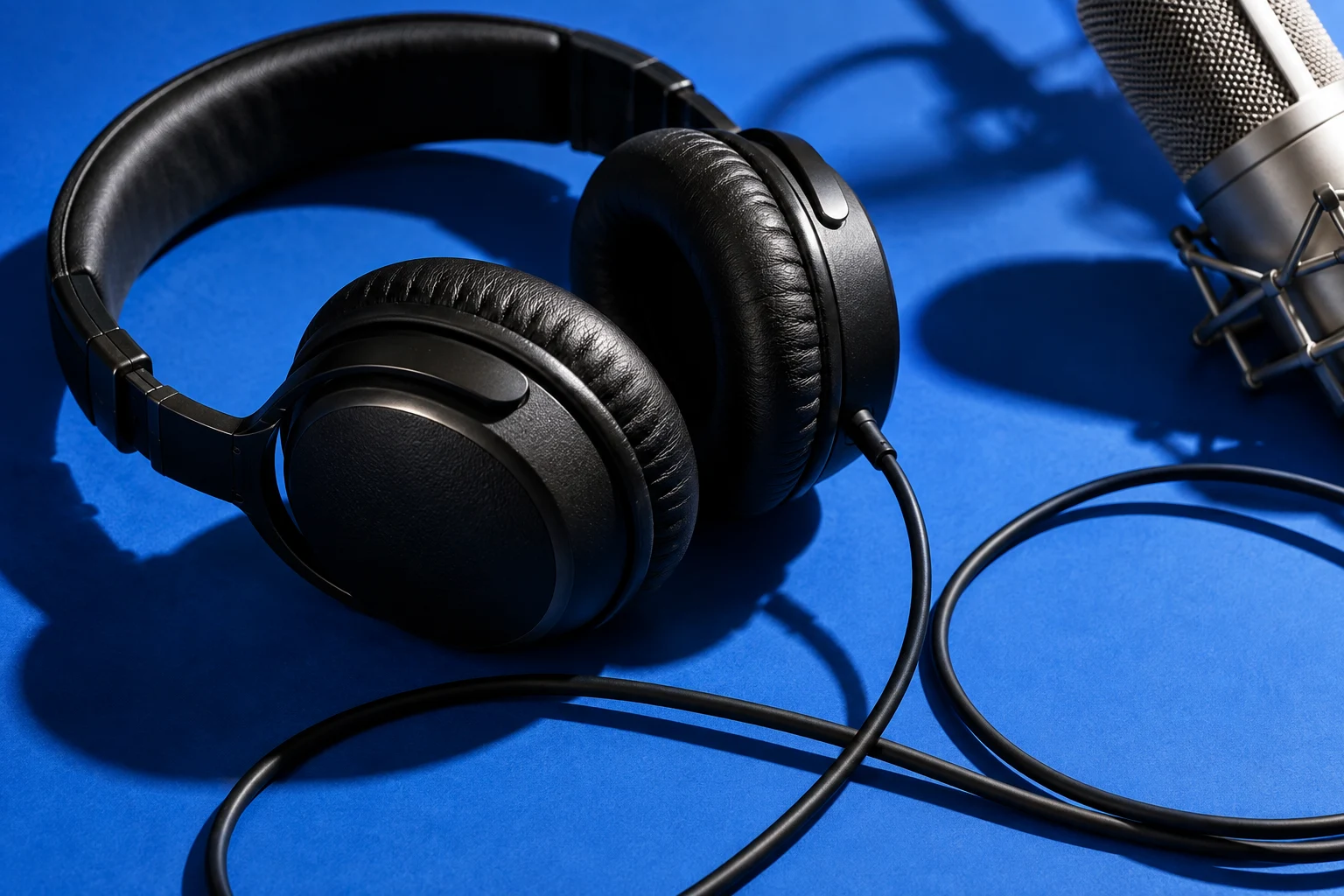 Studio headphones and microphone on a cobalt surface